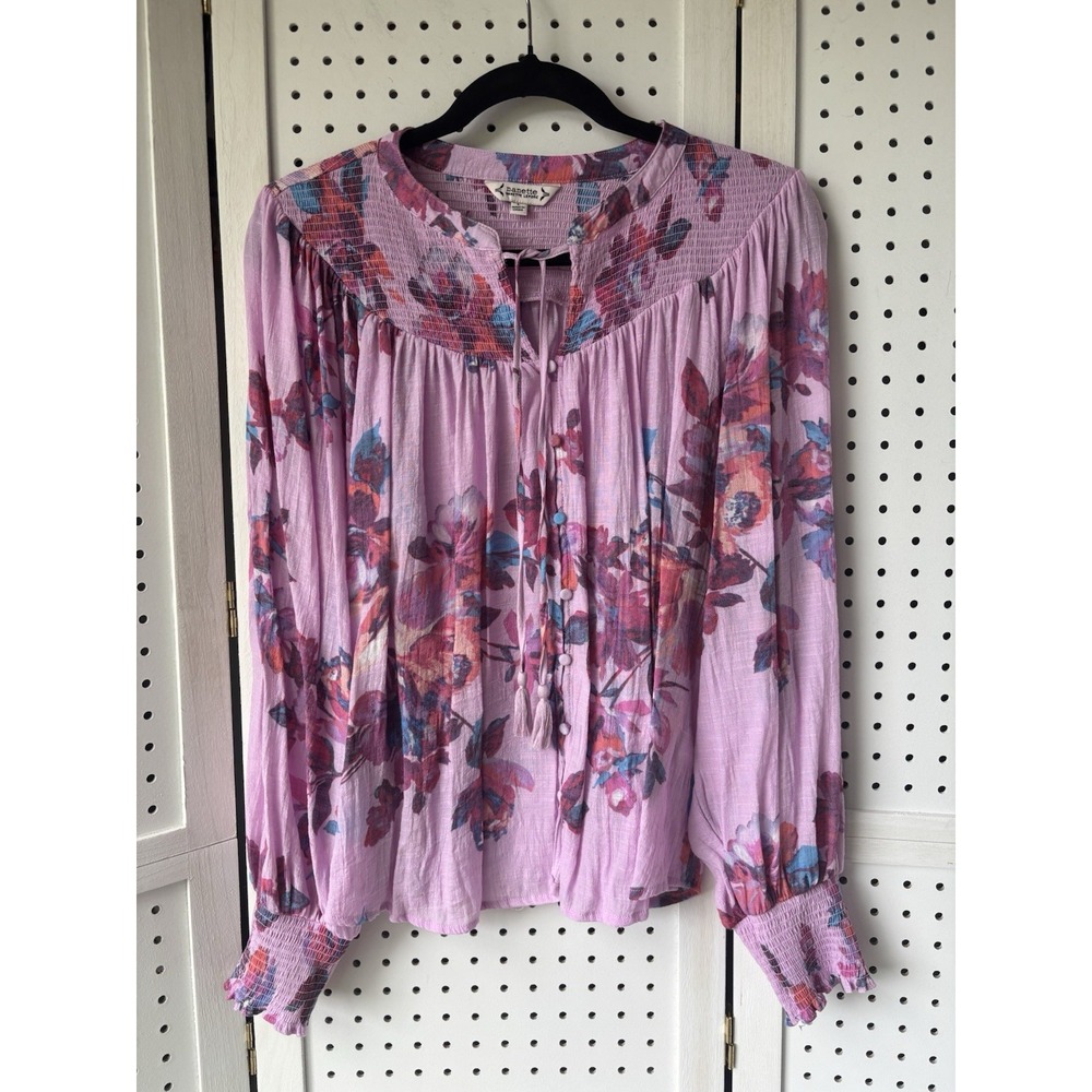 Nanette Lepore Women's Lg Puff Long SLV Button Front Pink Floral Blouse Tassel
